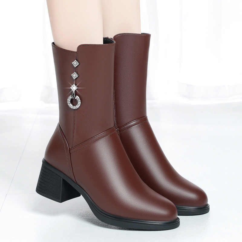 跨境中筒靴女冬季新款加绒保暖舒适妈妈棉鞋粗跟防滑中老年女靴子