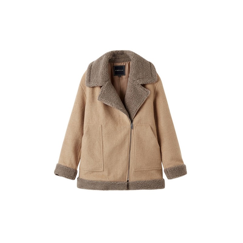 拉夏贝尔集团旗下复古机车毛呢外套女士冬装2018秋冬新款韩版学生短款