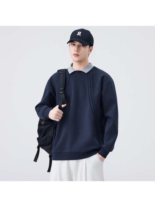 |秋季款高品质男士翻领长袖POLO衫卫衣翻领条纹设计感简约