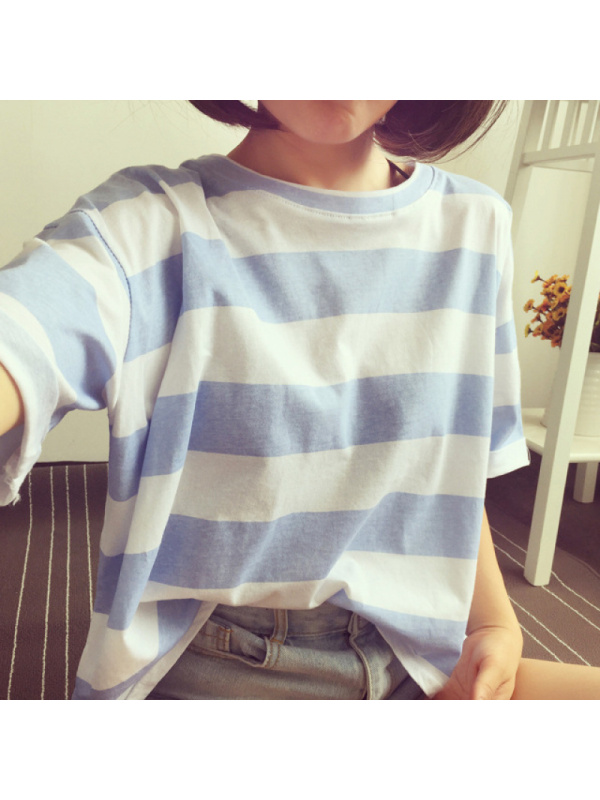 夏季新款韩版学生条纹短袖T恤女士宽松衣服上衣女装