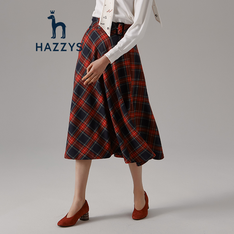 【邓莎明星同款】哈吉斯HAZZYS 秋季复古撞色拼接女士半身裙 藏青色NV