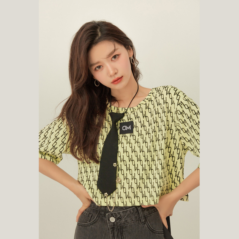 othermix印花短袖t恤女2021年夏季新款韩版圆领时尚潮流短款上衣