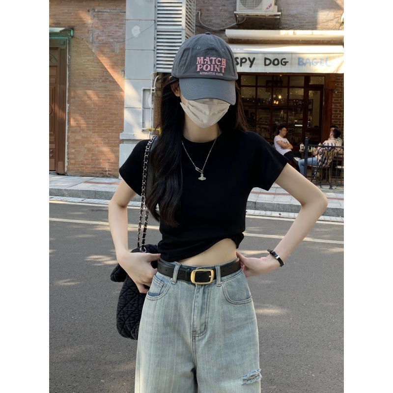 短款正肩短袖T恤女2025夏季修身显瘦休闲性感辣妹体恤学生上衣潮