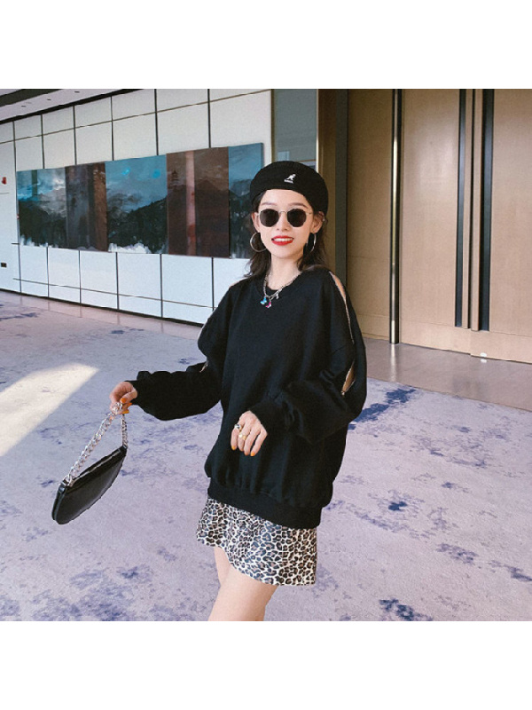 秋冬季长袖露肩拉链卫衣女宽松韩版圆领薄款T恤女士外套上衣女装