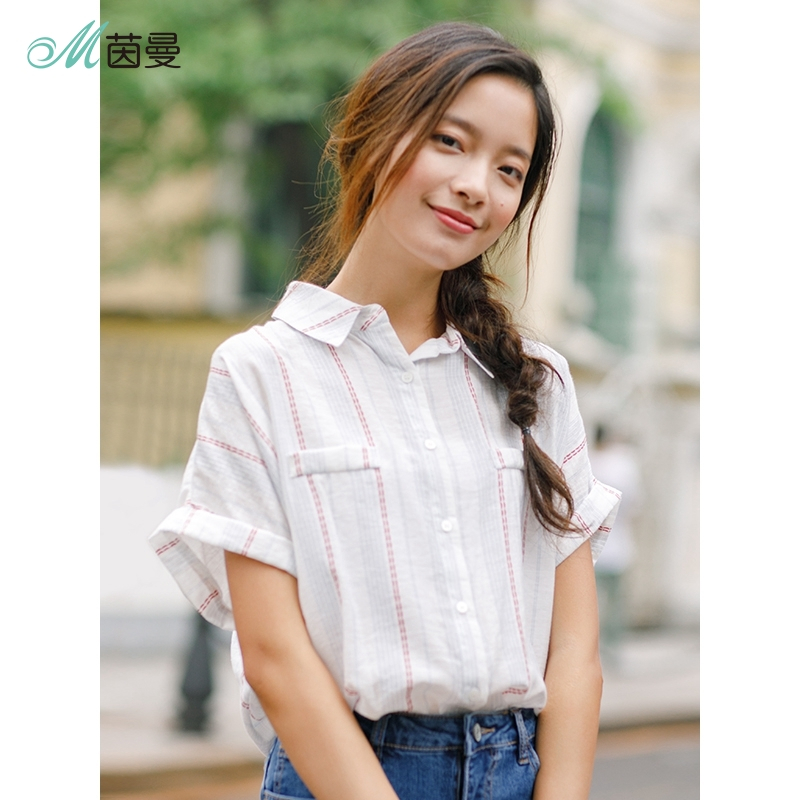 茵曼女装夏装新款翻领文艺秀气衬衣宽松翻折袖口条纹口袋衬衫女