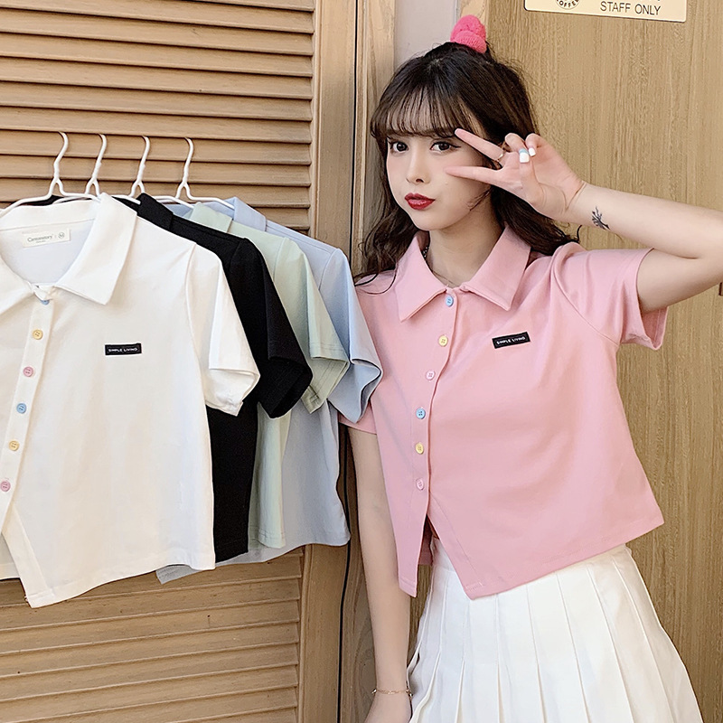 6535棉 夏季新款polo衫短袖T恤女修身高腰翻领短款学生上衣潮