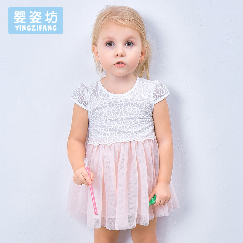 婴姿坊女童夏季娃娃领蕾丝收腰纱裙蓬蓬公主连衣裙1-5岁