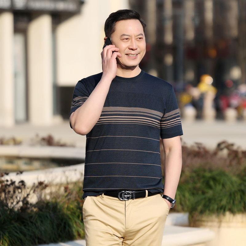 中年男士短袖圆领t恤 百搭休闲薄款简约翻领t恤爸爸装