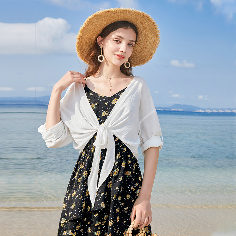 三彩2020夏季新款短款九分袖开衫防晒衫衬衫罩衫上衣