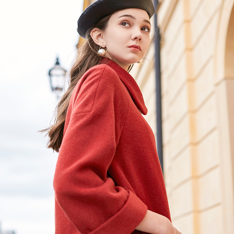 三彩冬季新款新年红中长小a字羊毛呢大衣外套