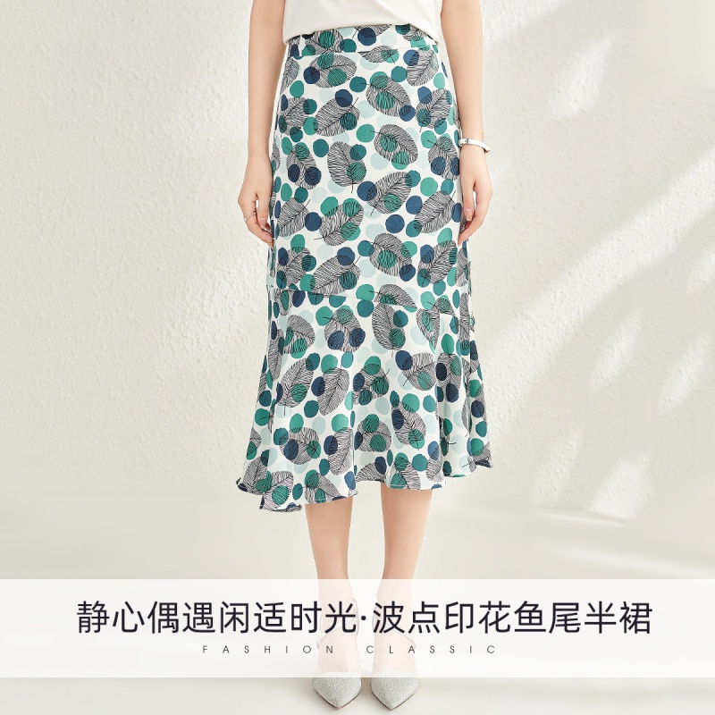 OUNIXUE欧昵雪 | [优雅波点鱼尾裙]夏季高腰显瘦植物印花中长款时尚半身裙女