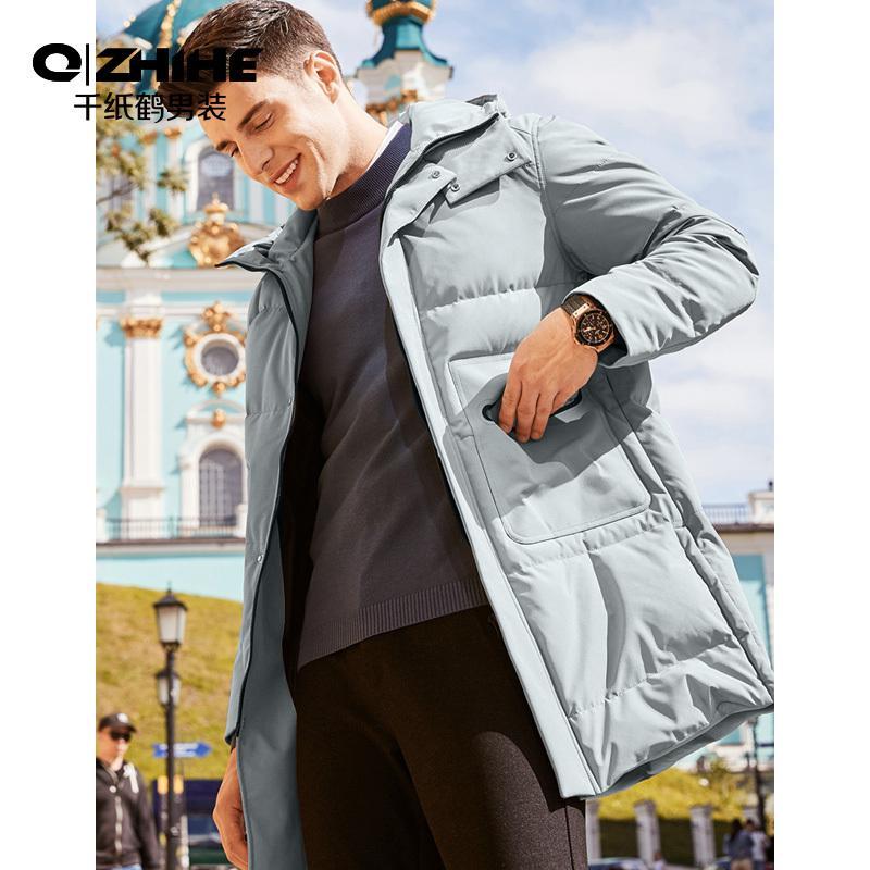 千纸鹤连帽羽绒服中长款2019冬装纯色青年加厚保暖外套男潮60212
