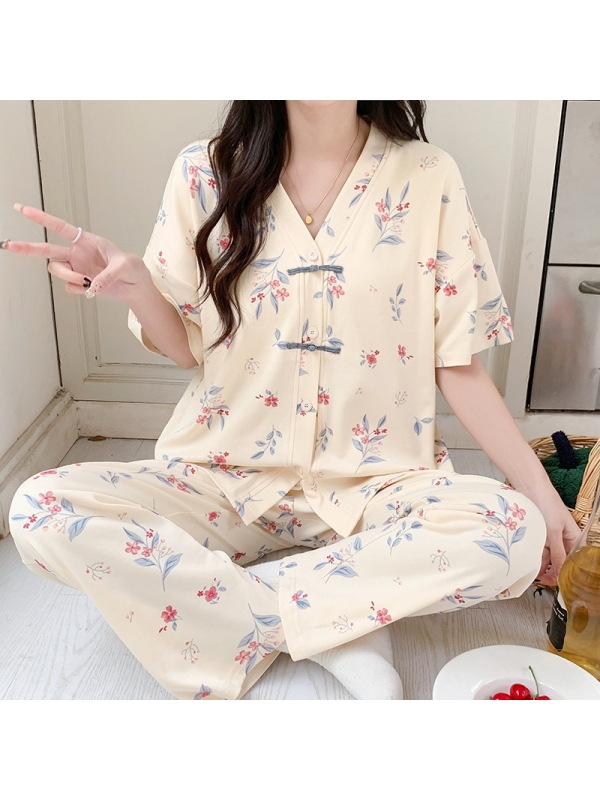 夏季新款女士和服棉质薄款短袖开衫甜美可爱家居服可外穿睡衣套装