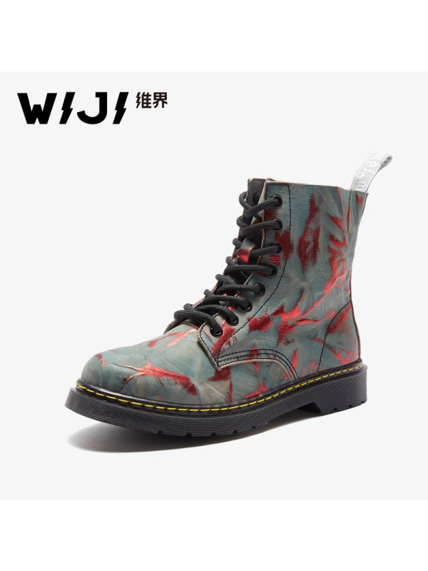 WIJI2018秋季新款时尚欧美马丁靴女撞色街拍系带松糕底牛皮高帮鞋