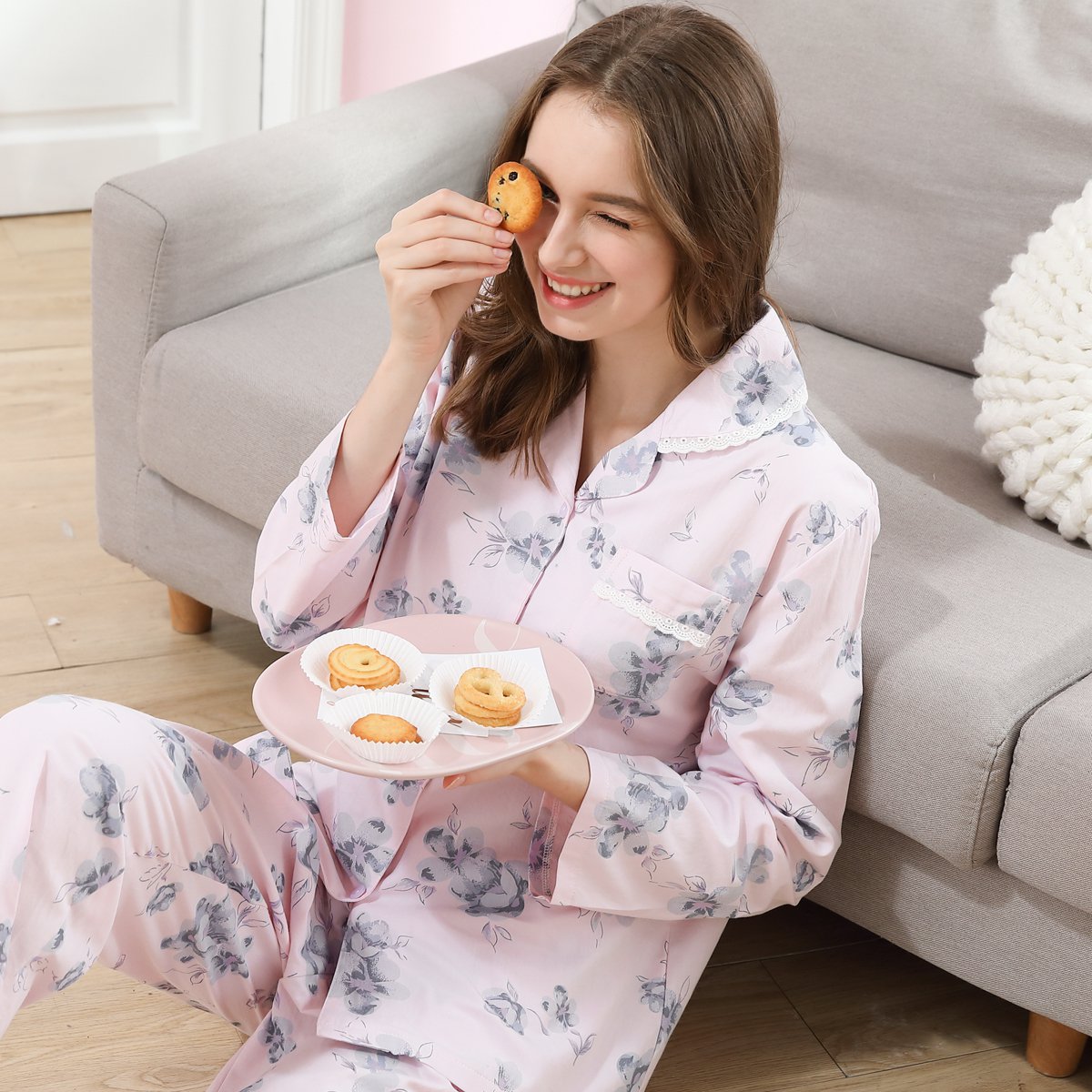 红豆居家(hodohome)女士睡衣红豆全棉长袖花样年华翻领家居服睡衣套装