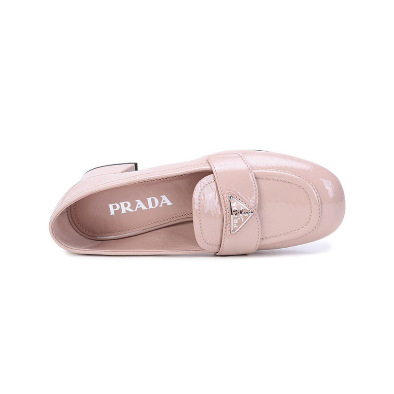 Prada普拉达 女士皮革徽标装饰圆头粗跟单鞋皮鞋乐福鞋 1D583M H27