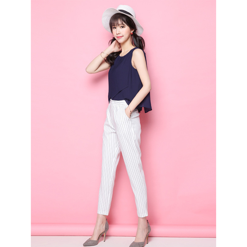 拉夏贝尔Candie’s2018夏装新款时尚条纹百搭直筒九分裤休闲裤女30062176