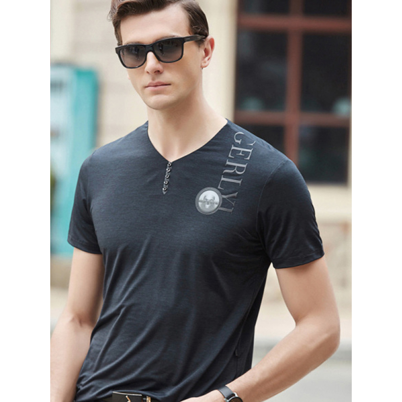 传奇保罗薄款短袖男夏季蓝灰色印花v领弹力修身休闲t恤