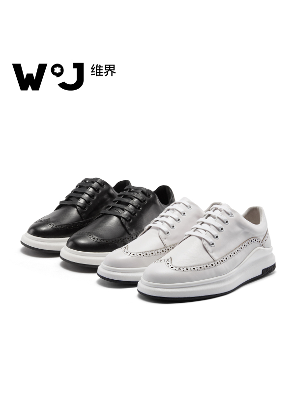 维界男鞋新款英伦商务休闲皮鞋时尚系带潮鞋子男白色厚底板鞋个性