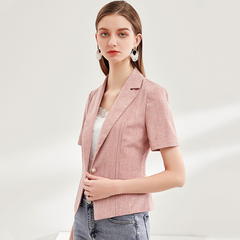 欧昵雪夏季翻领chic薄款短袖西装外套女显瘦短款西服上衣