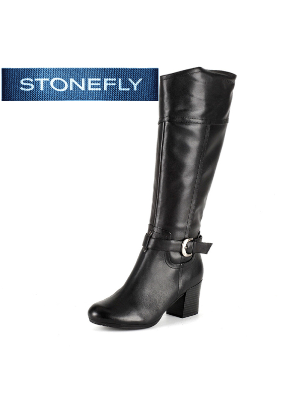 斯通富来STONEFLY专柜黑色长靴牛皮纯色粗跟女鞋SD44117119