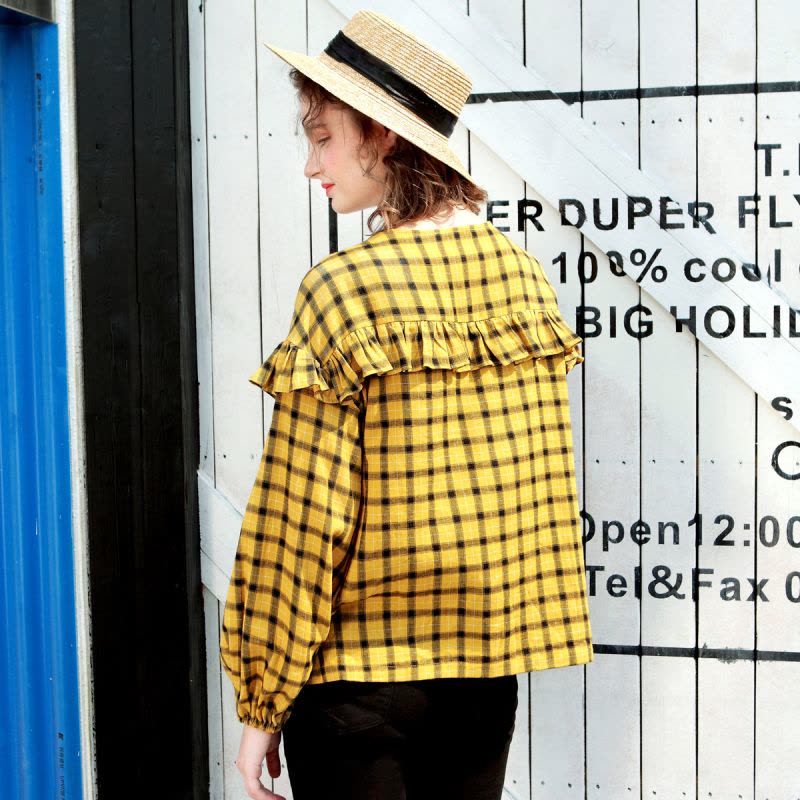 日韩时尚甜美荷叶边系带格纹灯笼袖小衫图片