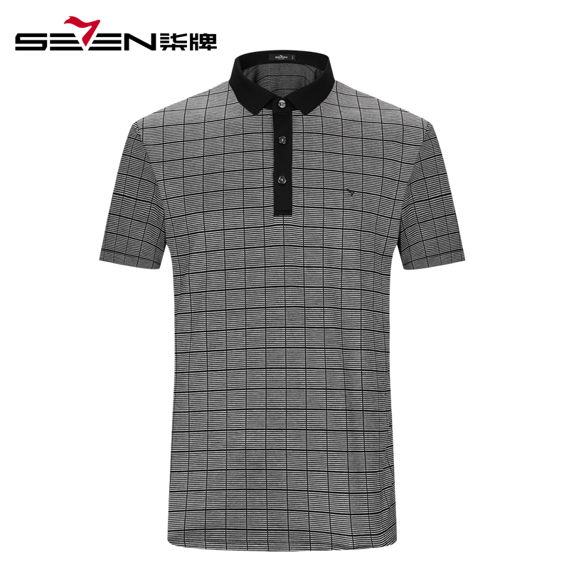柒牌SEVEN男装格纹短t商务休闲翻领中青年polo衫短袖T恤