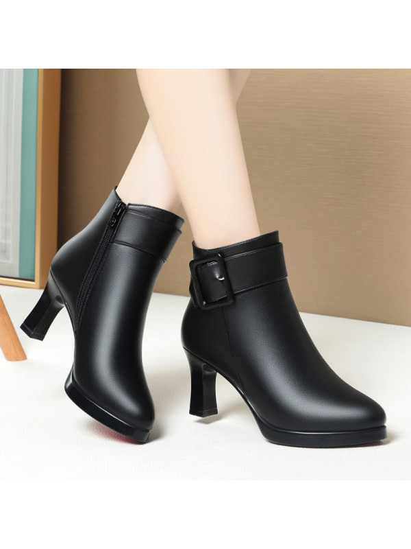 秋冬季新款短靴百搭尖头高跟靴子女士皮靴加绒棉鞋防水台粗跟单靴