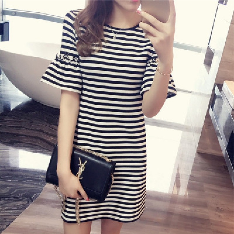 夏装条纹连衣裙女装韩版修身显瘦喇叭袖短袖T恤女式中长款潮
