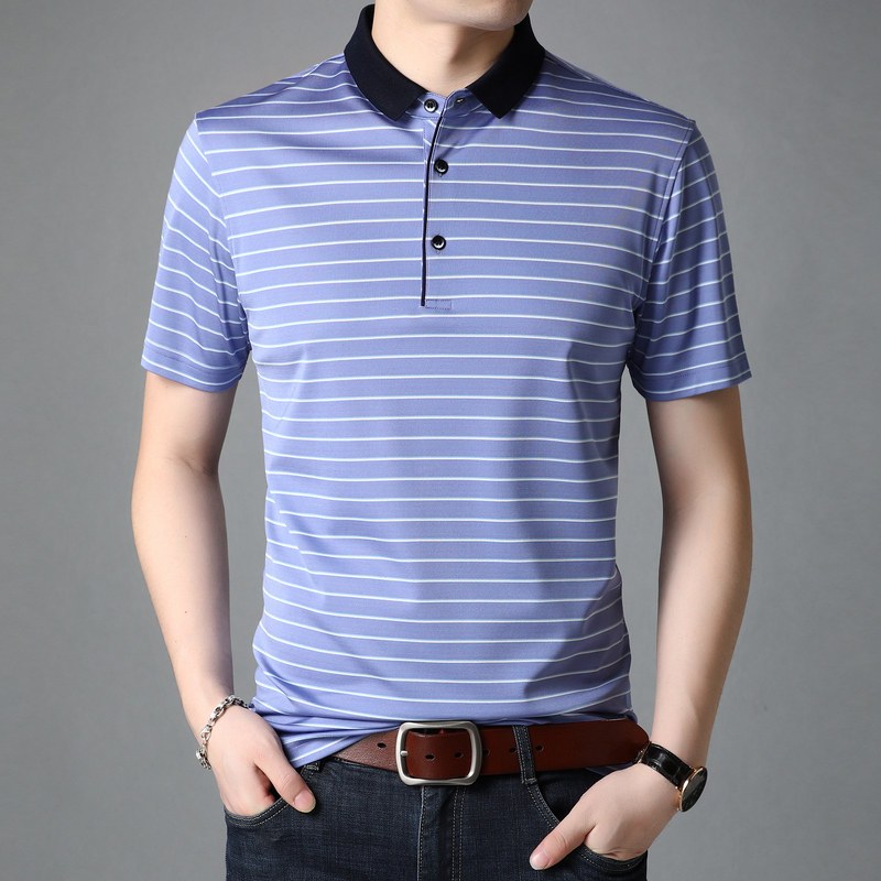 恒源祥100桑蚕丝条纹polo衫中年爸爸装休闲翻领真丝短袖t恤男