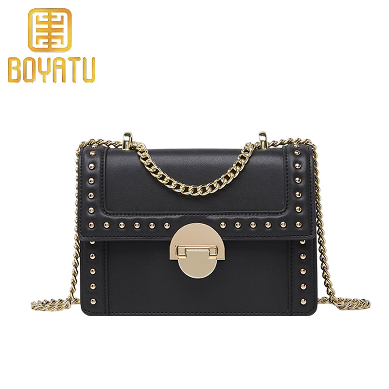 柏雅图（Boyatu）单肩包女小方包时尚百搭斜挎包铆钉锁扣牛皮女包包