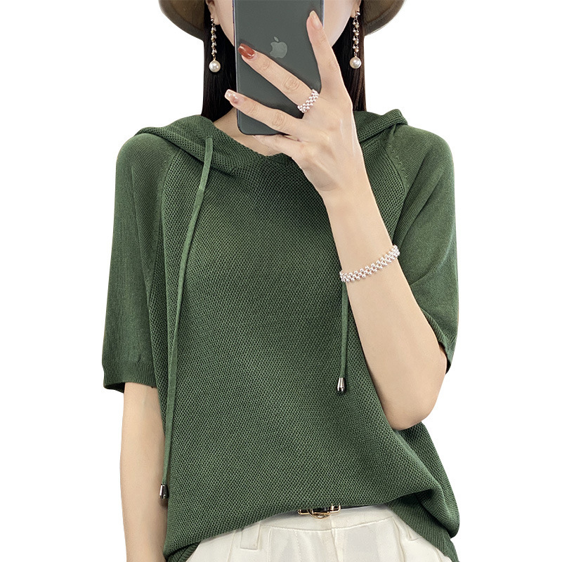 夏款冰丝曲珠纯色连帽卫衣针织短袖女款夏季宽松薄款内搭带帽上衣