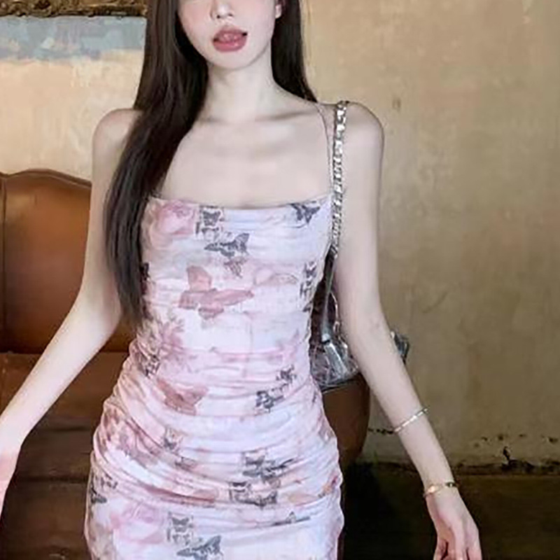 纯欲风蝴蝶印花性感吊带连衣裙女夏收腰露背绑带包臀裙长裙子新款