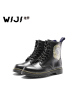WIJI2018新款女鞋真皮高帮中筒靴单鞋粗跟系带百搭马丁靴个性皮鞋