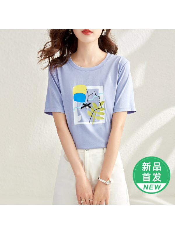 OUNIXUE欧昵雪 | [时尚休闲上衣]夏季艺术风圆领烫图短袖简约套头宽松T恤女