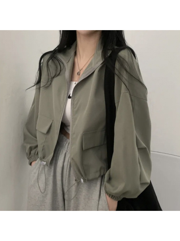 春夏薄款防晒防风时尚复古百搭工装抽绳短款棒球服夹克上衣外套潮