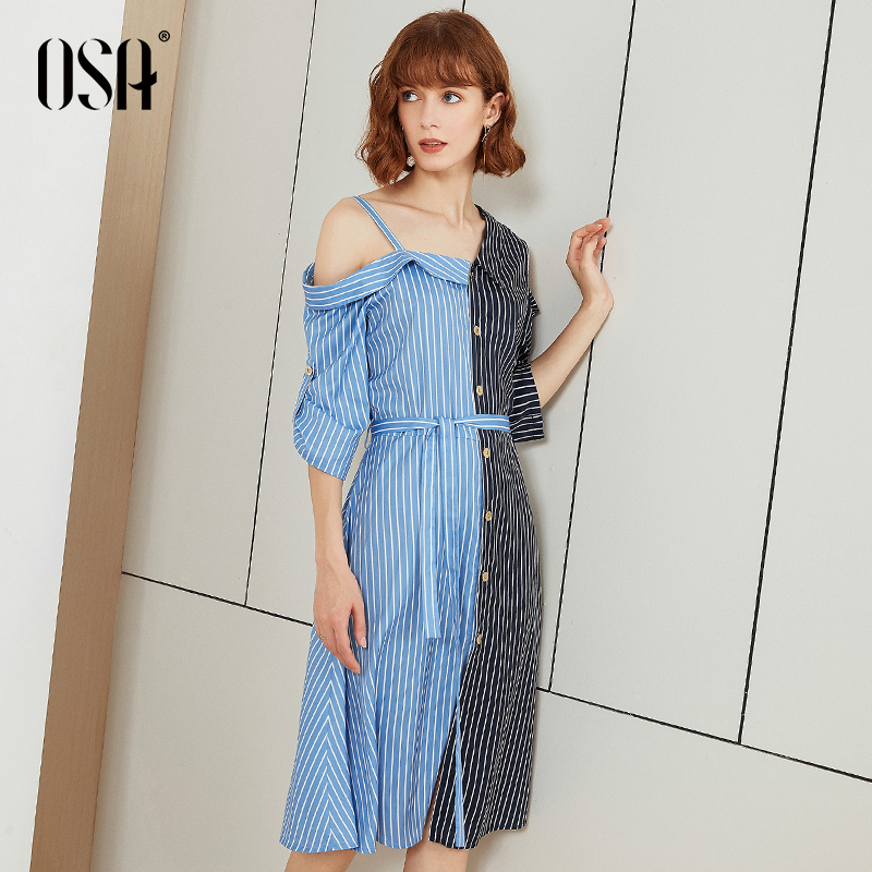 OSA欧莎条纹一字肩衬衫连衣裙女夏2019新款露肩吊带衬衣裙