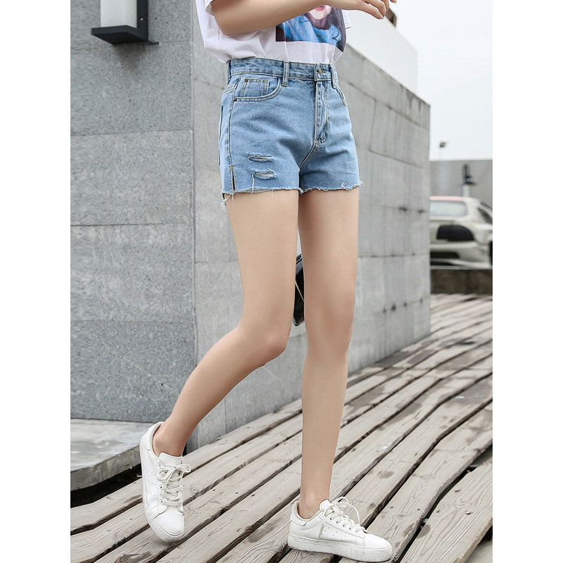 天淳尔女装夏季高腰无弹开叉破洞牛仔短裤2018BZ-903