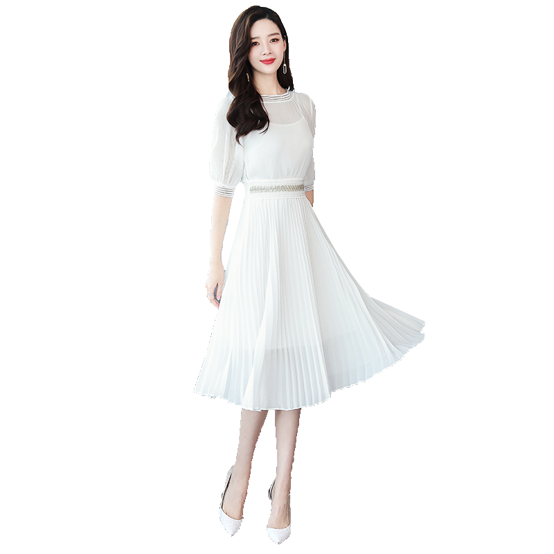 丝柏舍秋装女2019纯色灯笼袖收腰百褶中长款连衣裙S91R0062L