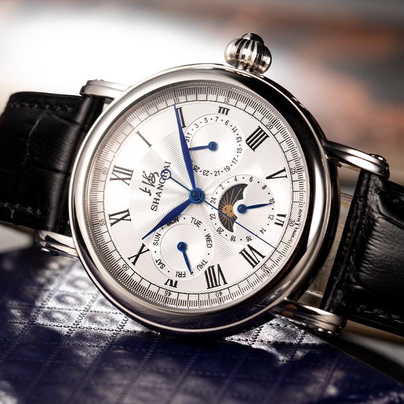 上海手表上海牌手表男士休闲多功能机械表星期日历月相三眼多功能表盘