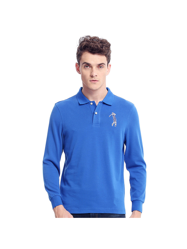 GOLF/高尔夫男装纯色绣标弹力棉长袖T恤男翻领男士休闲上衣