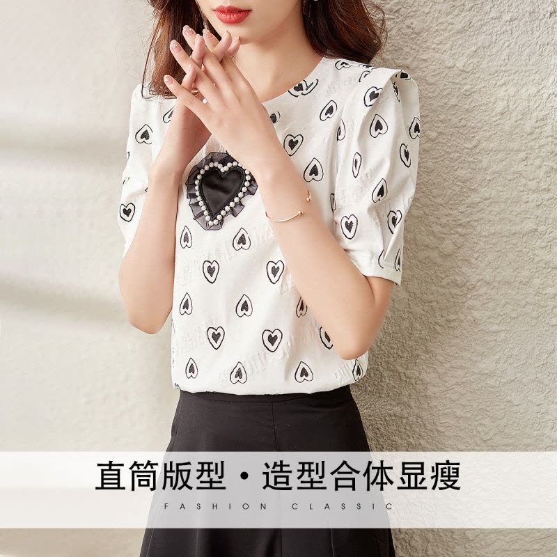 OUNIXUE欧昵雪 | [小众爱心T恤]夏季设计感圆领印花短袖时尚休闲套头上衣女图片