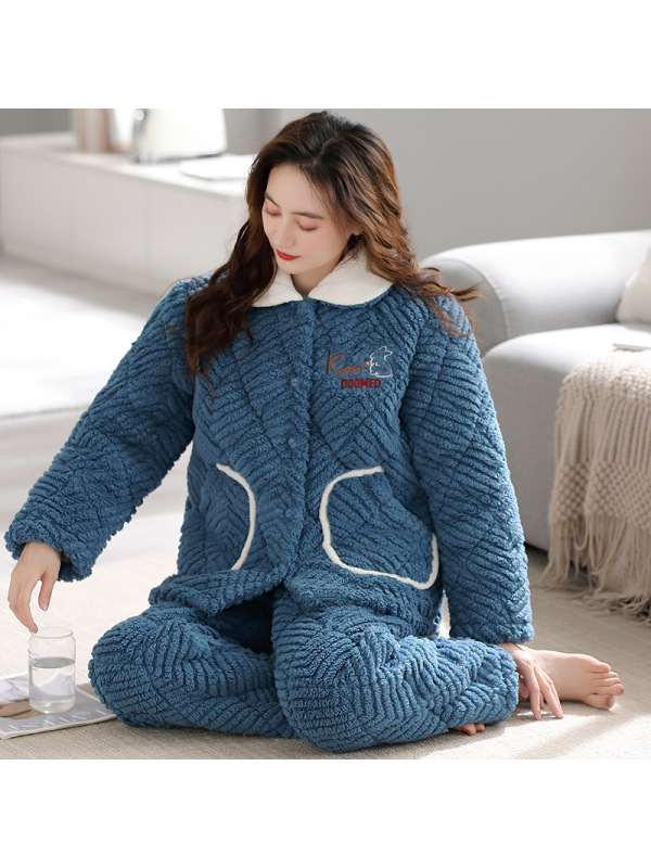女士三层加厚珊瑚绒夹棉睡衣秋冬季法兰牛奶绒保暖棉袄家居服套装