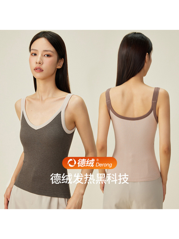 德绒保暖背心女带胸垫发热羊毛V领毛圈加绒撞色秋冬打底马甲