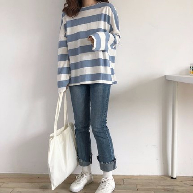 秋季新款长袖T恤女条纹韩版宽松百搭女式上衣服学生女装