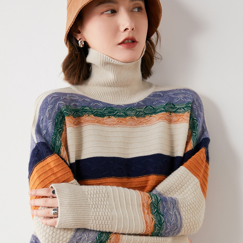 21新款拼色打底衫女堆堆领长袖宽松拼接毛衣套头上衣休闲针织衫