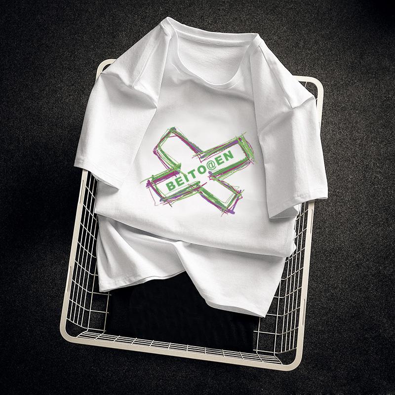 罗蒙t恤男短袖潮流休闲印花2021新款夏季白色半袖潮流打底衫上衣服