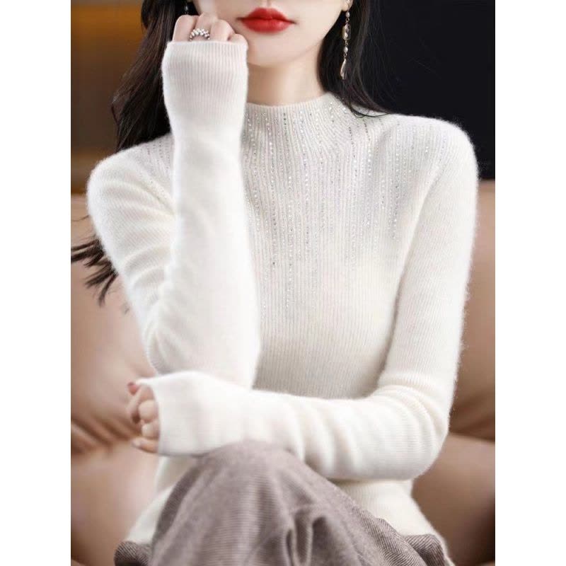 秋冬新款镶钻半高领针织衫女修身抽条长袖毛衣打底衫时尚洋气图片