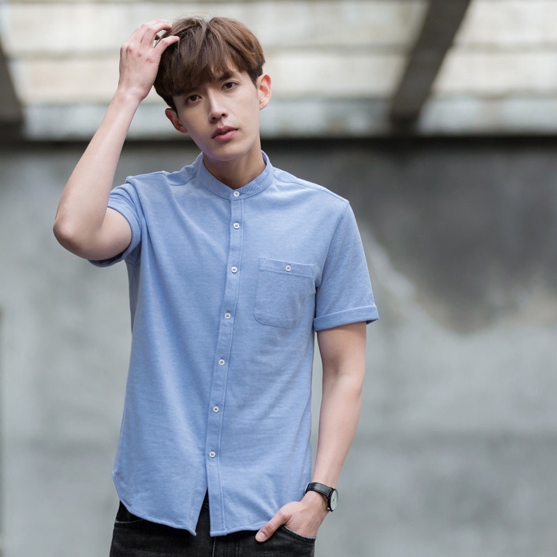 唐狮立领衬衫男短袖夏季休闲中袖衬衣男青少年白色纯棉衬衫