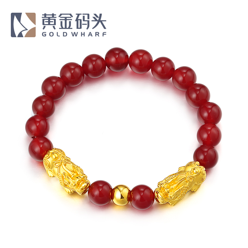 黄金码头 3D硬金足金999转运珠光珠两只貔貅红玛瑙手串男女通款手饰礼